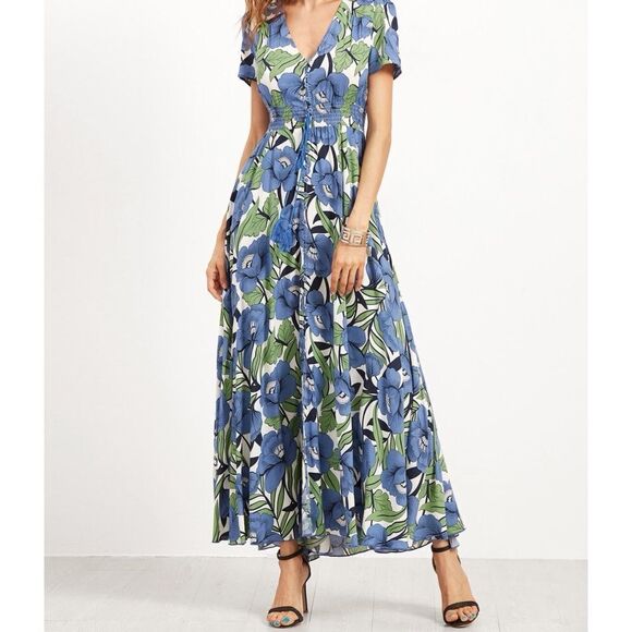 ✨ Flower Print V-Cut Button Shirt Waist Dress - Picture 1 of 4